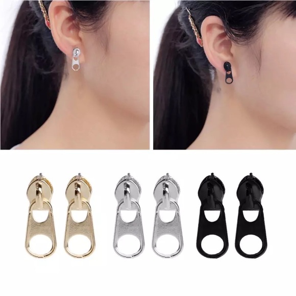 Gold-Tone '80s-Style Punk Metal Rocker Zipper Stud Earrings - Brand-New! 🤘✨ - Picture 3 of 13